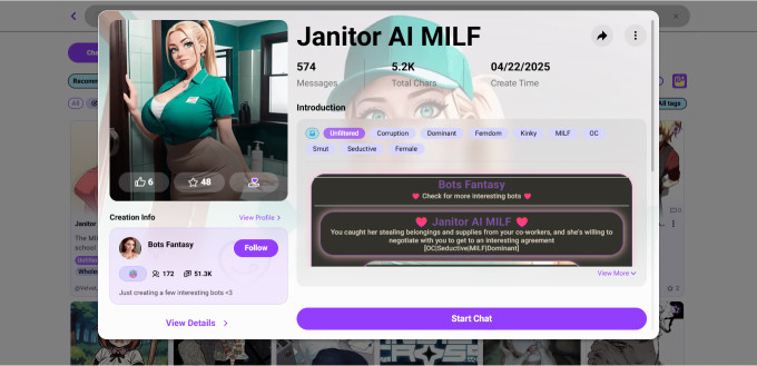 Janitor AI MILF chatbot profile card, illustrated blonde woman in green uniform, with introduction text and action buttons on screen