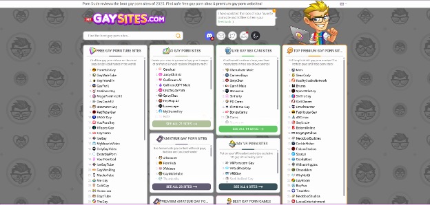 Screenshot of GaySites.com homepage showing categorized lists of free gay porn tube sites, cam sites, and premium platforms in a structured directory layout.