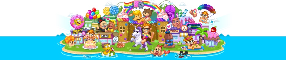 Colorful cartoon banner featuring diverse LGBTQ+ characters, rainbow elements, playful mascots, and whimsical buildings in a vibrant fantasy island scene.
