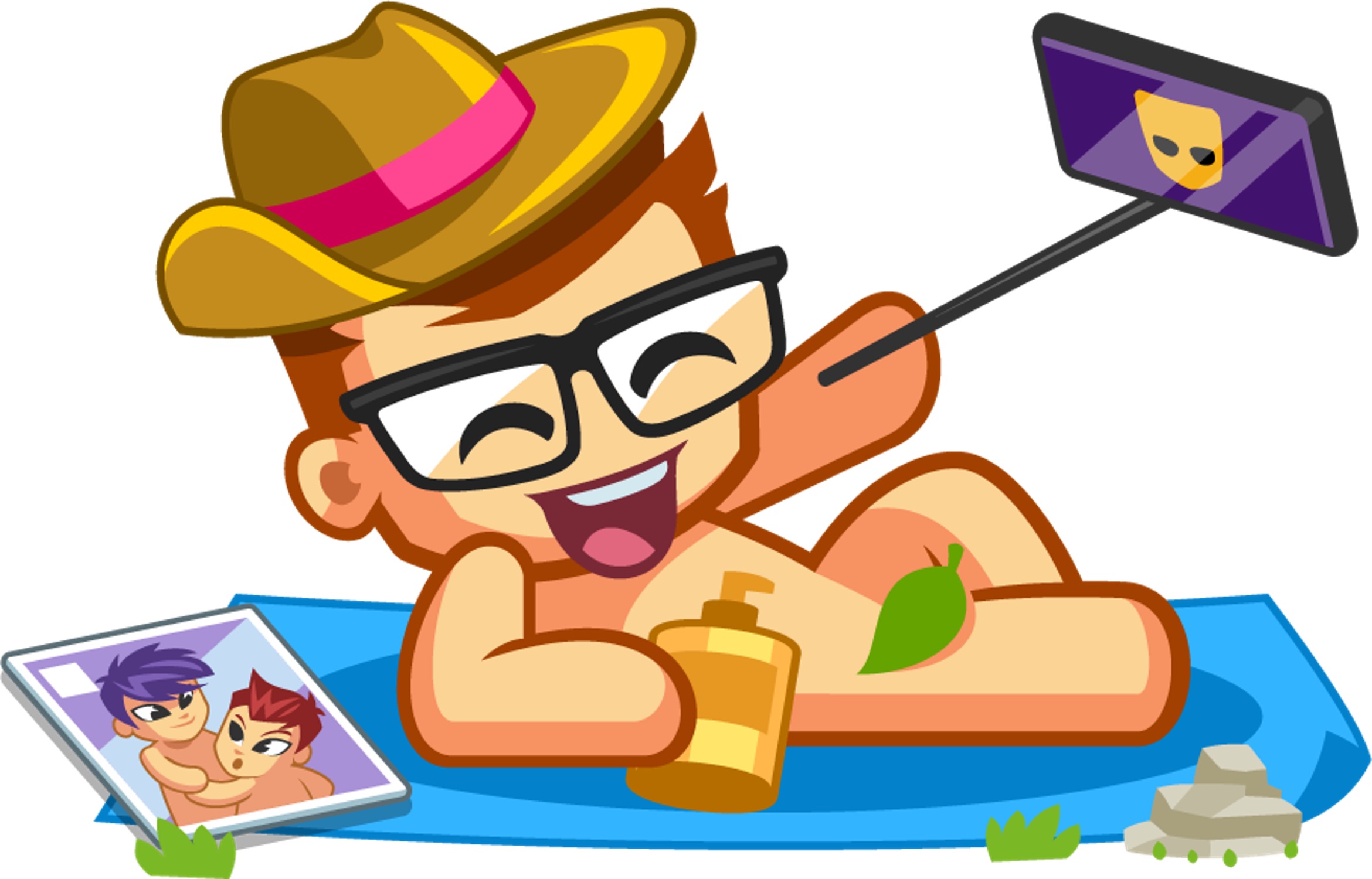 Playful cartoon character wearing glasses and a hat, lounging on a beach towel while taking a selfie, with a photo of two animated men beside him.